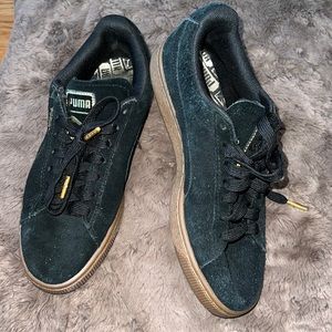 PUMA SUEDE LACE UP SHOES BLACK W BROWN GUM GOLD ACCENT